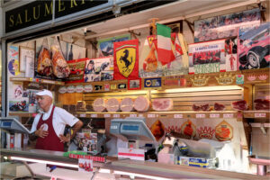 Produce from Antica Salumeria della Galleria, deli and cured meats at Mercato Albinelli in Modena
