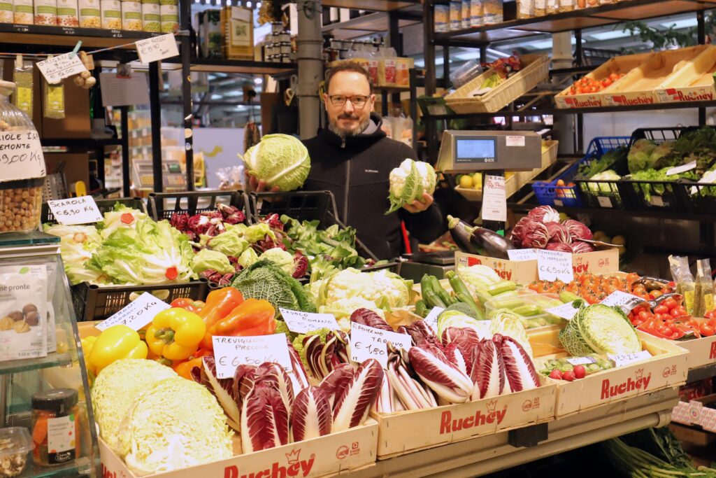 Produce from A Modo Bio, fruit and vegetables at Mercato Albinelli in Modena