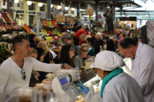 Detail of the Formaggeria Martinelli stall, Mercato Albinelli in Modena
