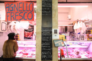 Detail of the Salumeria e Polleria Prandini stall, Mercato Albinelli in Modena