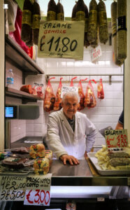 Detail of the Salumeria Anselmo Bonini, Andrea Solieri, A. Facchini stall, Mercato Albinelli in Modena